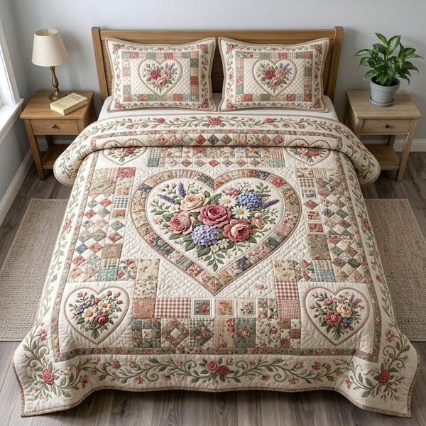 Floral Patchwork quilted 3-piece bedding set on a made bed in a farmhouse bedroom