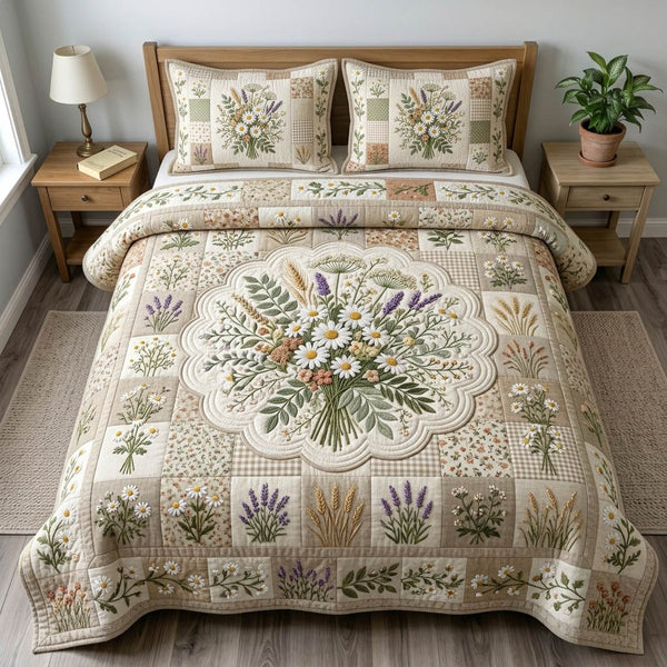 Floral Patchwork quilted 3-piece bedding set on a made bed in a farmhouse bedroom