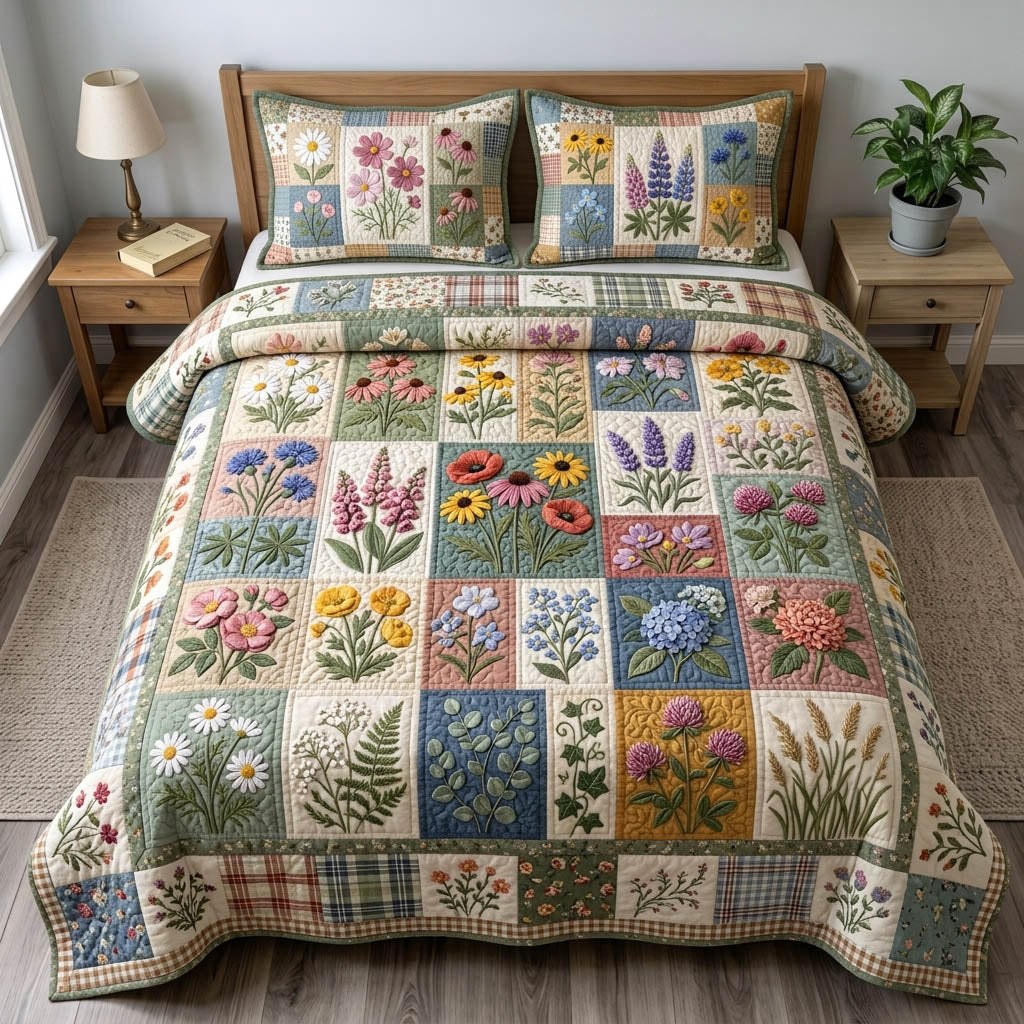 Floral Patchwork quilted 3-piece bedding set on a made bed in a farmhouse bedroom