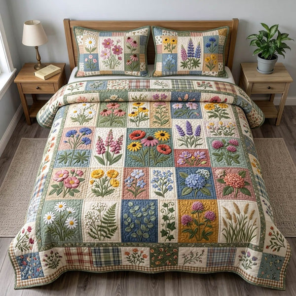 Floral Patchwork quilted 3-piece bedding set on a made bed in a farmhouse bedroom