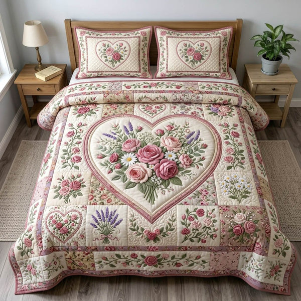 Floral Patchwork quilted 3-piece bedding set on a made bed in a farmhouse bedroom