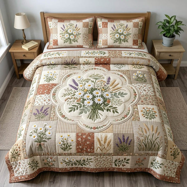 Floral Patchwork quilted 3-piece bedding set on a made bed in a farmhouse bedroom