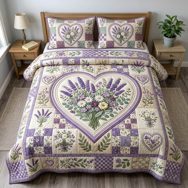 Floral Patchwork quilted 3-piece bedding set on a made bed in a farmhouse bedroom