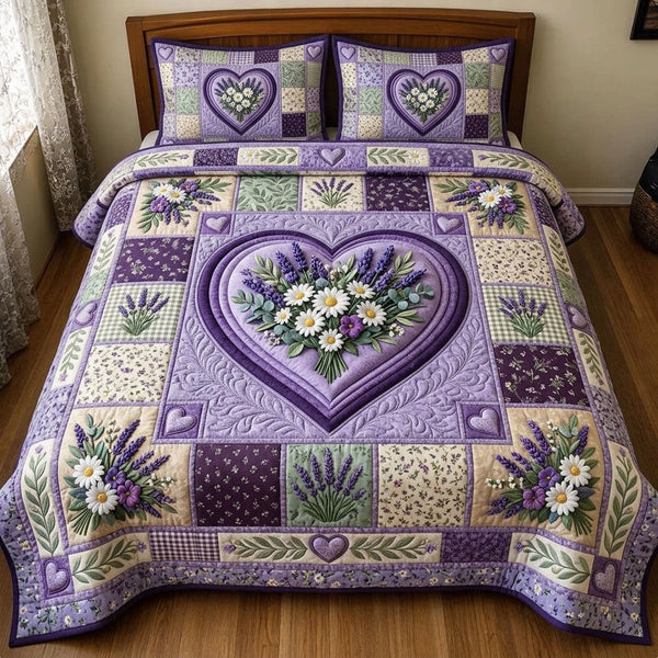 Floral Patchwork quilted 3-piece bedding set on a made bed in a farmhouse bedroom