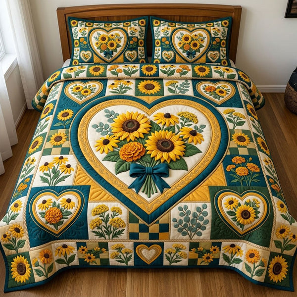 Floral Patchwork quilted 3-piece bedding set on a made bed in a farmhouse bedroom