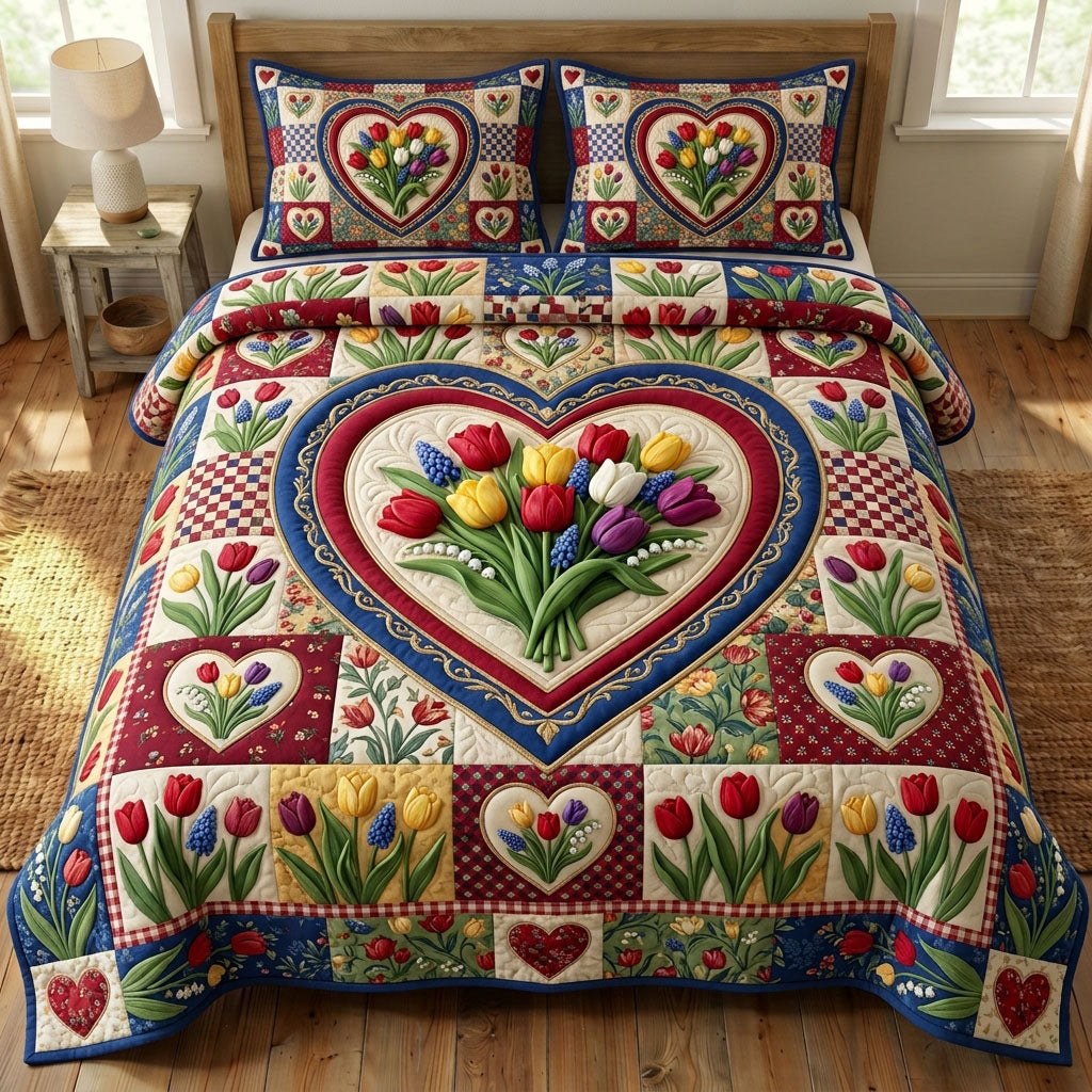 Floral Patchwork quilted 3-piece bedding set on a made bed in a farmhouse bedroom