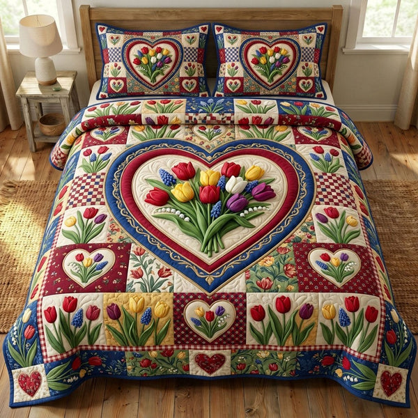 Floral Patchwork quilted 3-piece bedding set on a made bed in a farmhouse bedroom
