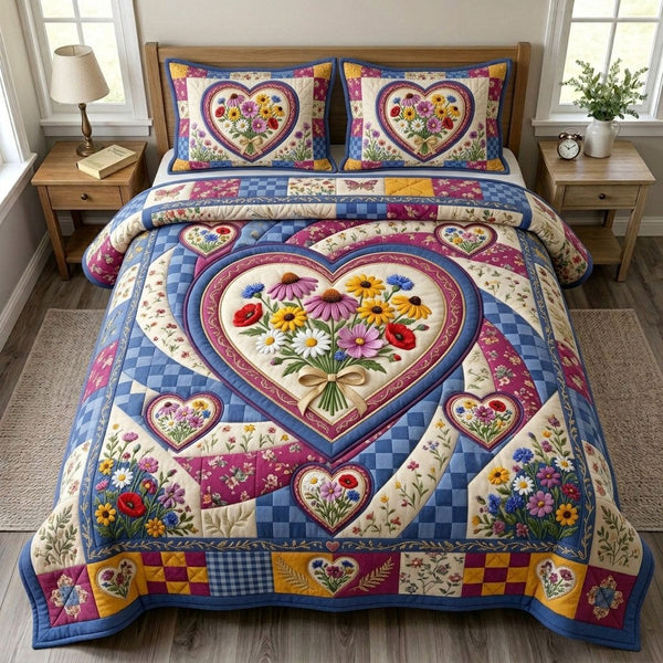 Floral Patchwork quilted 3-piece bedding set on a made bed in a farmhouse bedroom