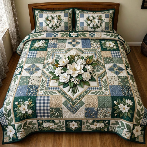Floral Patchwork quilted 3-piece bedding set on a made bed in a farmhouse bedroom