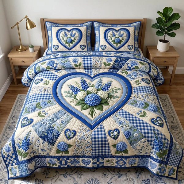 Floral Patchwork quilted 3-piece bedding set on a made bed in a farmhouse bedroom