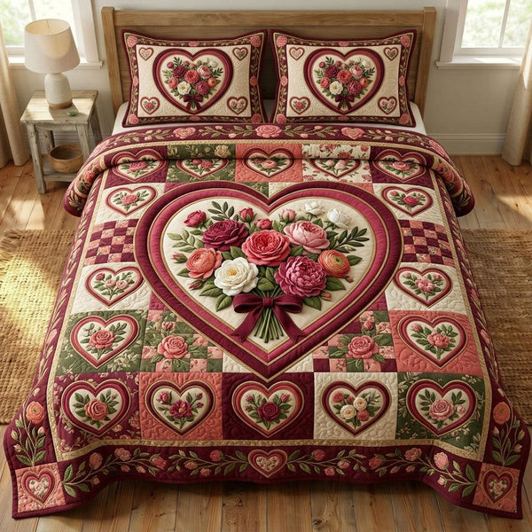 Floral Patchwork quilted 3-piece bedding set on a made bed in a farmhouse bedroom