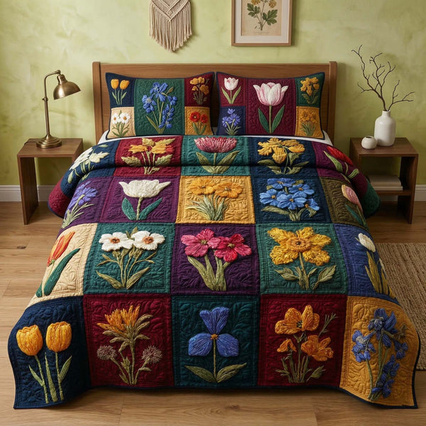 Floral Patchwork quilted 3-piece bedding set on a made bed in a farmhouse bedroom