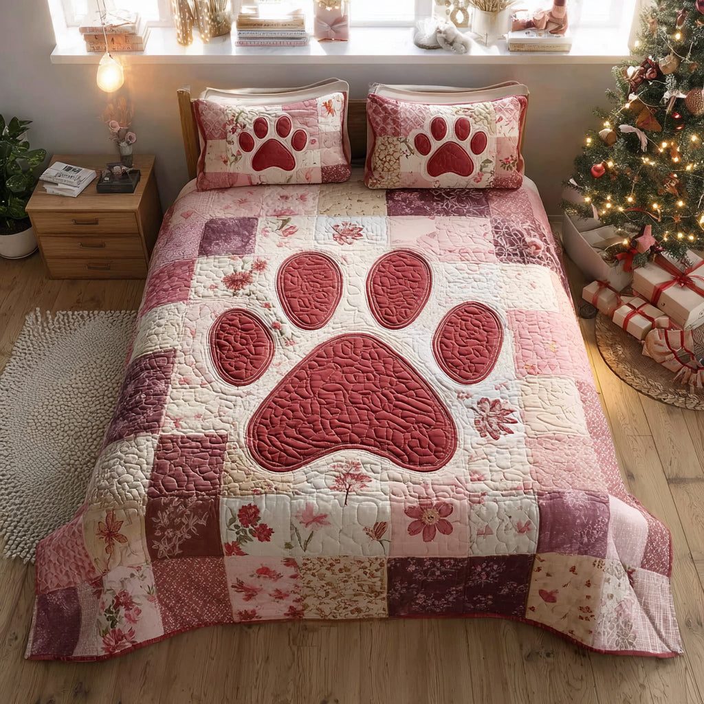 Floral Paw quilted 3-piece bedding set on a made bed with two matching pillow shams