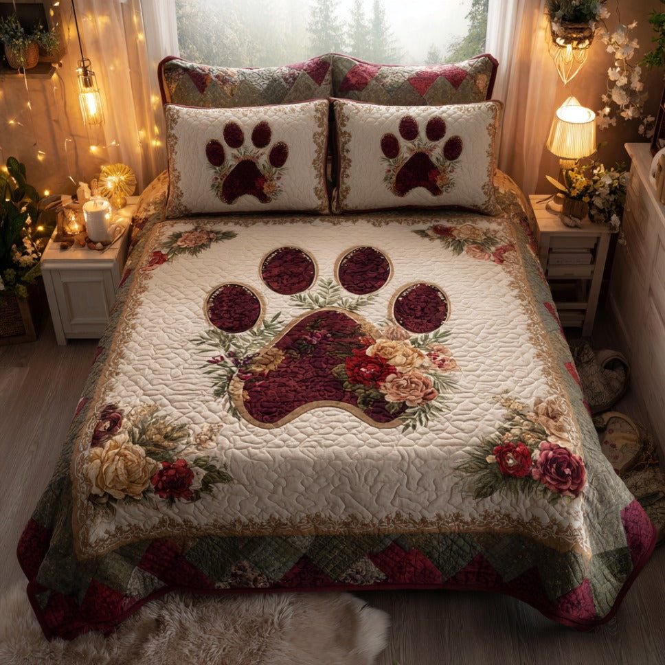 Floral Paws quilted 3-piece bedding set on a made bed with two matching pillow shams