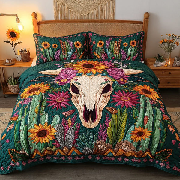 Floral Peace quilted 3-piece bedding set on a made bed with two matching pillow shams