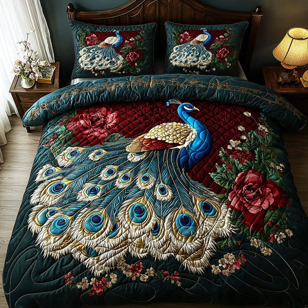 Floral Peacock quilted 3-piece bedding set on a made bed with two matching pillow shams