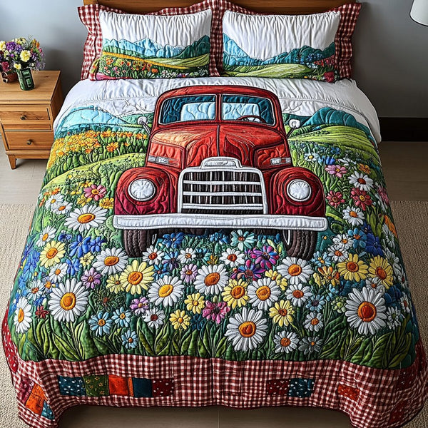 Floral Pickup quilted 3-piece bedding set on a made bed with two matching pillow shams