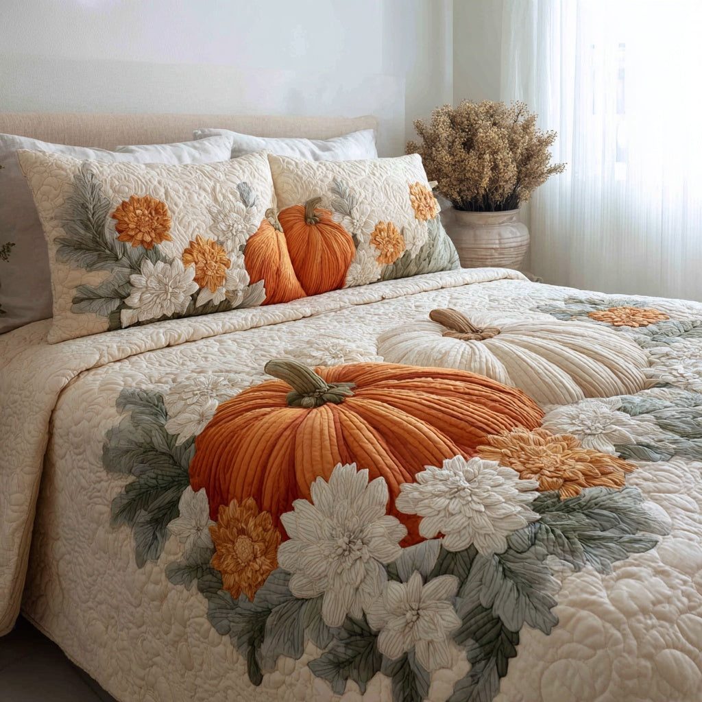 Floral Pumpkin Fields quilted 3-piece bedding set on a made bed against a dark styled interior
