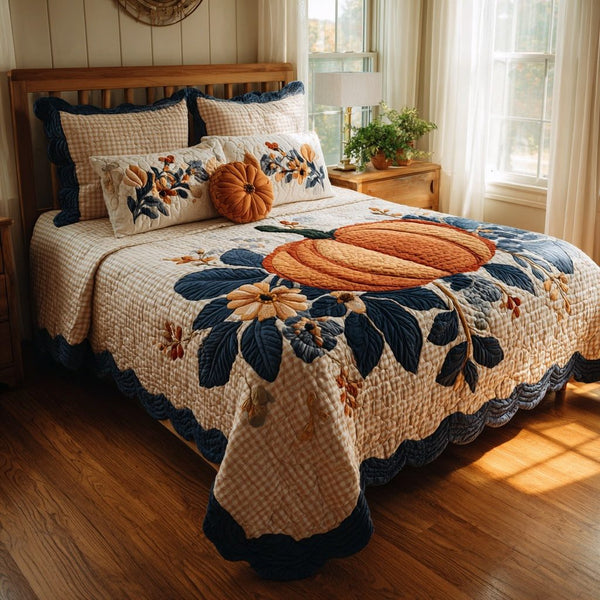 Floral Pumpkin quilted 3-piece bedding set on a made bed against a dark styled interior