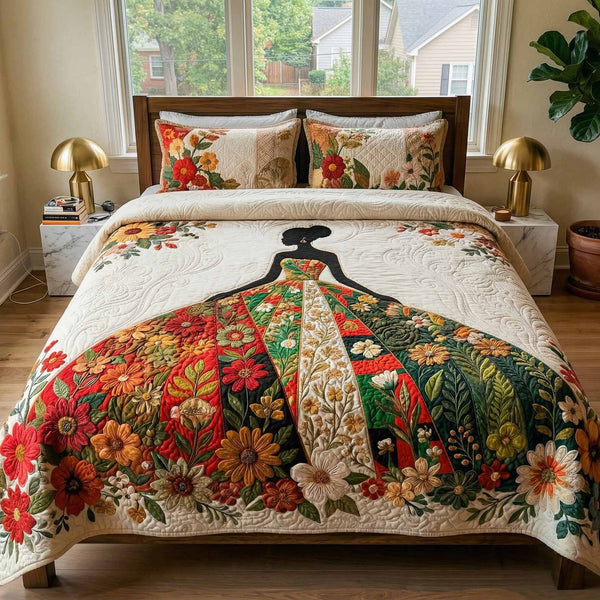 Floral Queen quilted 3-piece bedding set on a made bed with two matching pillow shams