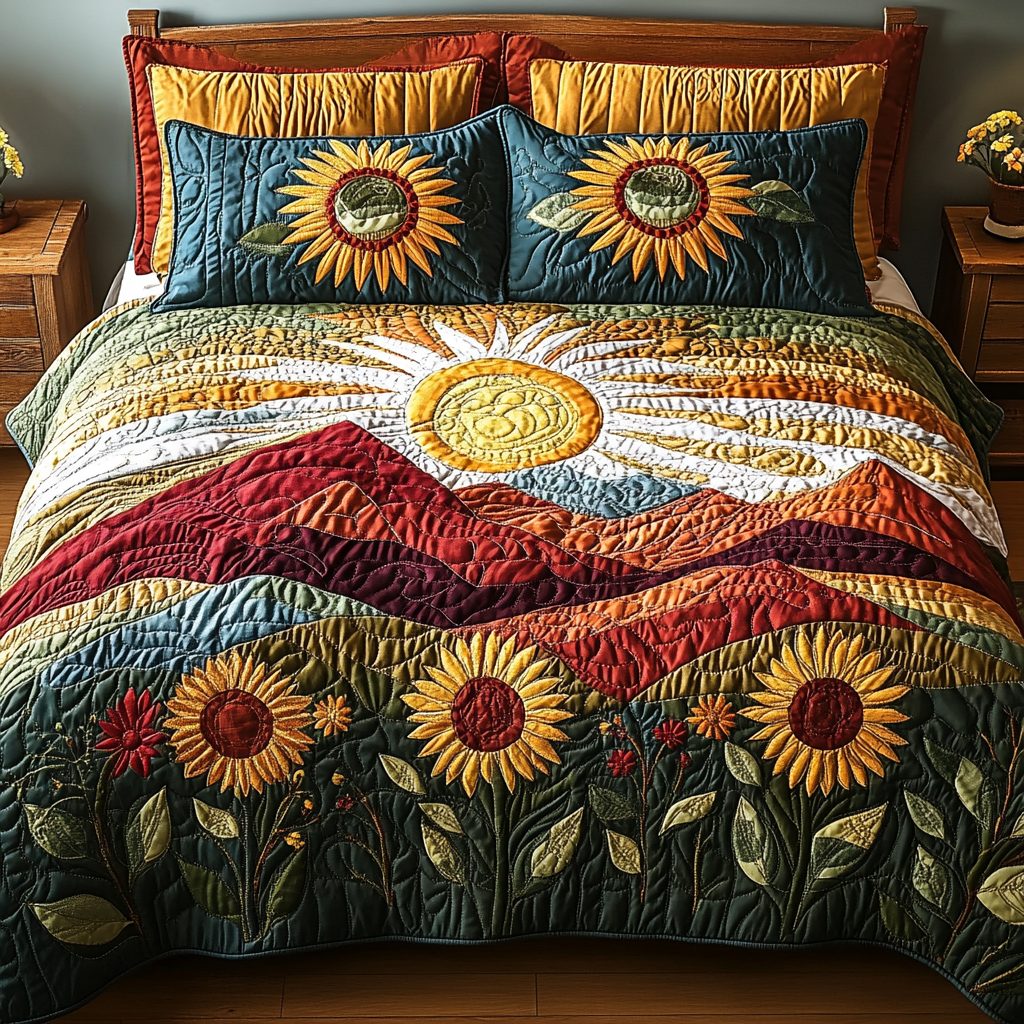 Floral Radiance quilted 3-piece bedding set on a made bed with two matching pillow shams