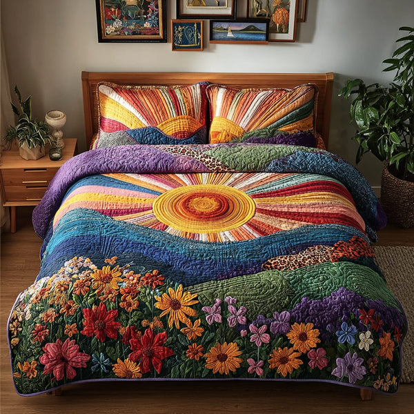 Floral Radiance quilted 3-piece bedding set on a made bed with two matching pillow shams