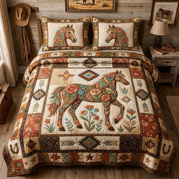 Floral Ranch Horse quilted 3-piece bedding set on a made bed in a rustic timber bedroom
