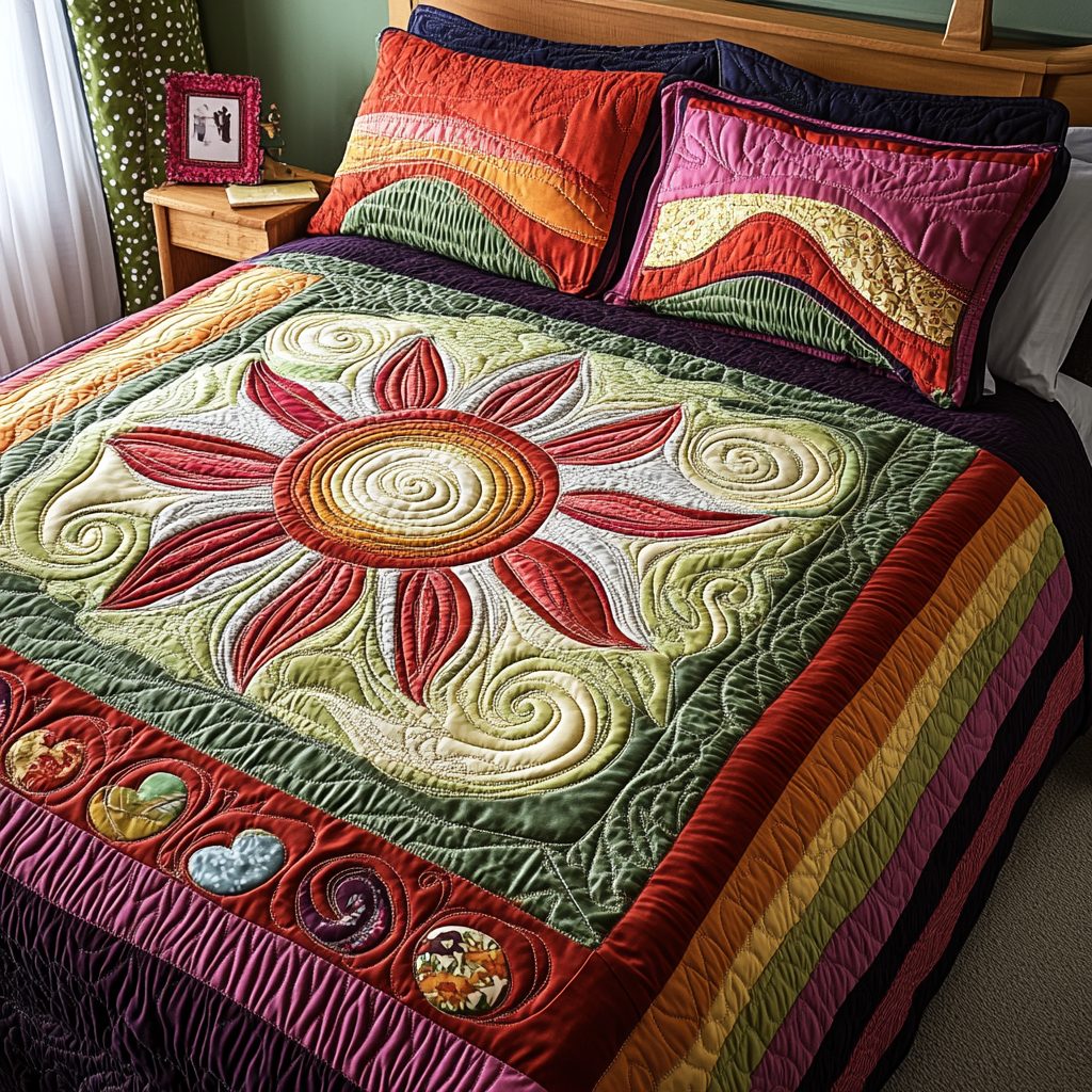 Floral Rays quilted 3-piece bedding set on a made bed with two matching pillow shams
