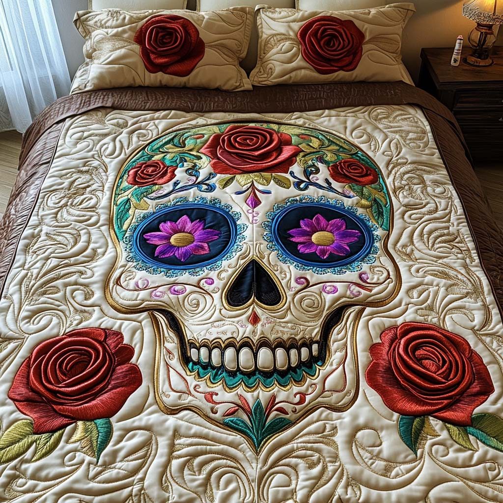Floral Remembrance quilted 3-piece bedding set on a made bed with two matching pillow shams
