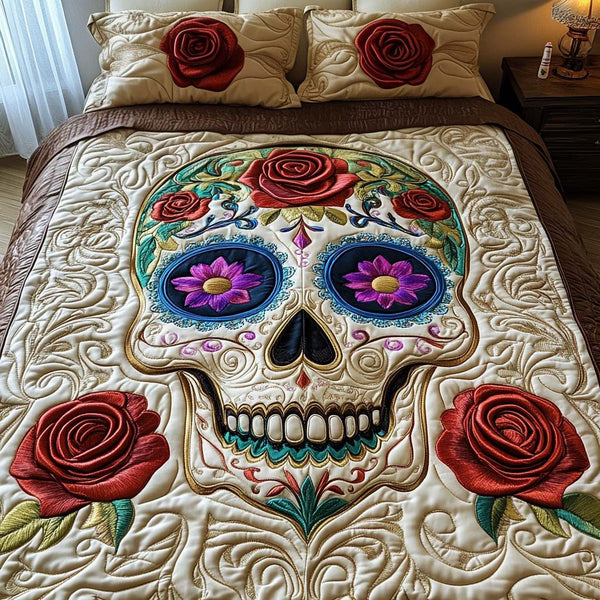 Floral Remembrance quilted 3-piece bedding set on a made bed with two matching pillow shams
