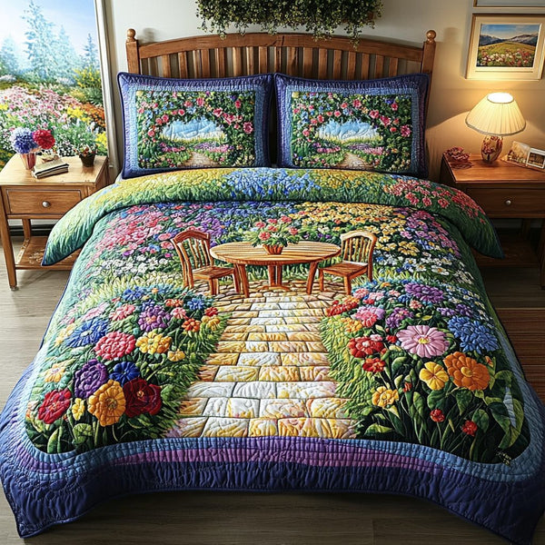 Floral Retreat quilted 3-piece bedding set on a made bed with two matching pillow shams