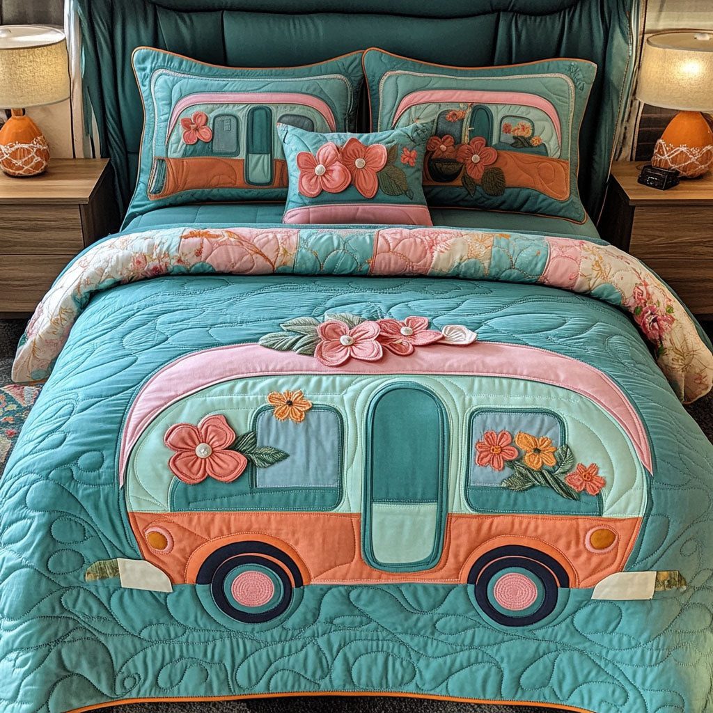 Floral Ride quilted 3-piece bedding set on a made bed with two matching pillow shams