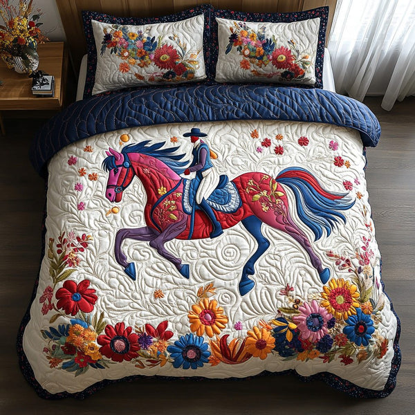 Floral Rider quilted 3-piece bedding set on a made bed with two matching pillow shams