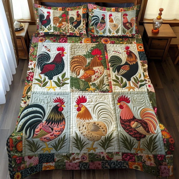 Floral Rooster quilted 3-piece bedding set on a made bed with two matching pillow shams