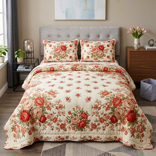 Floral Rose Bouquet quilted 3-piece bedding set on a made bed with two matching pillow shams