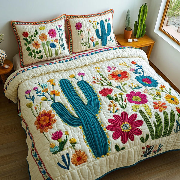Floral Saguaro quilted 3-piece bedding set on a made bed with two matching pillow shams