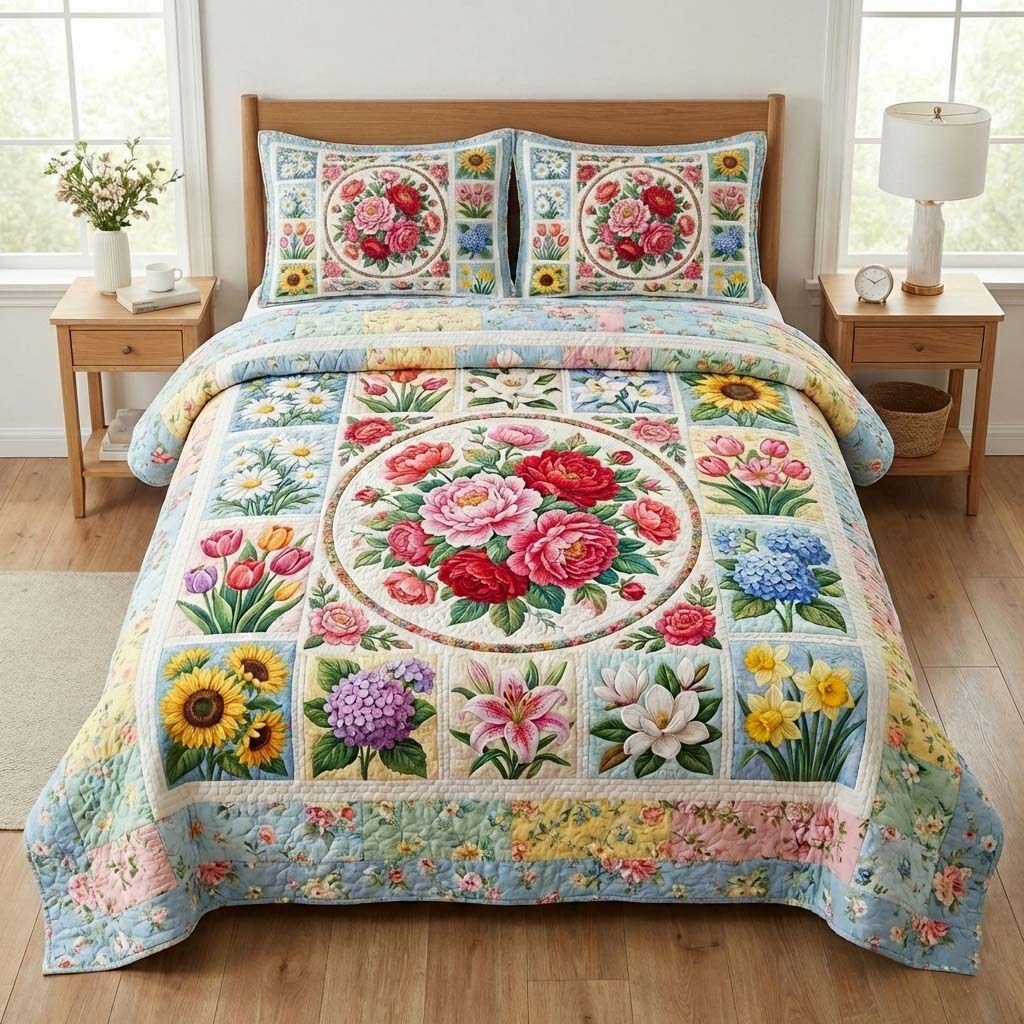 Floral Serenity quilted 3-piece bedding set on a made bed with two matching pillow shams