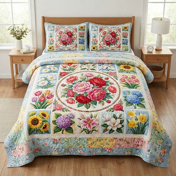 Floral Serenity quilted 3-piece bedding set on a made bed with two matching pillow shams
