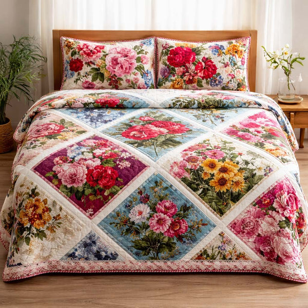 Floral Serenity quilted 3-piece bedding set on a made bed with two matching pillow shams