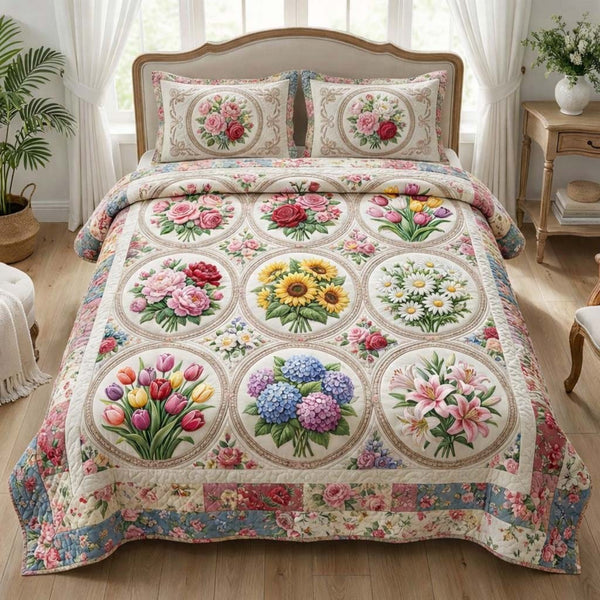 Floral Serenity quilted 3-piece bedding set on a made bed with two matching pillow shams