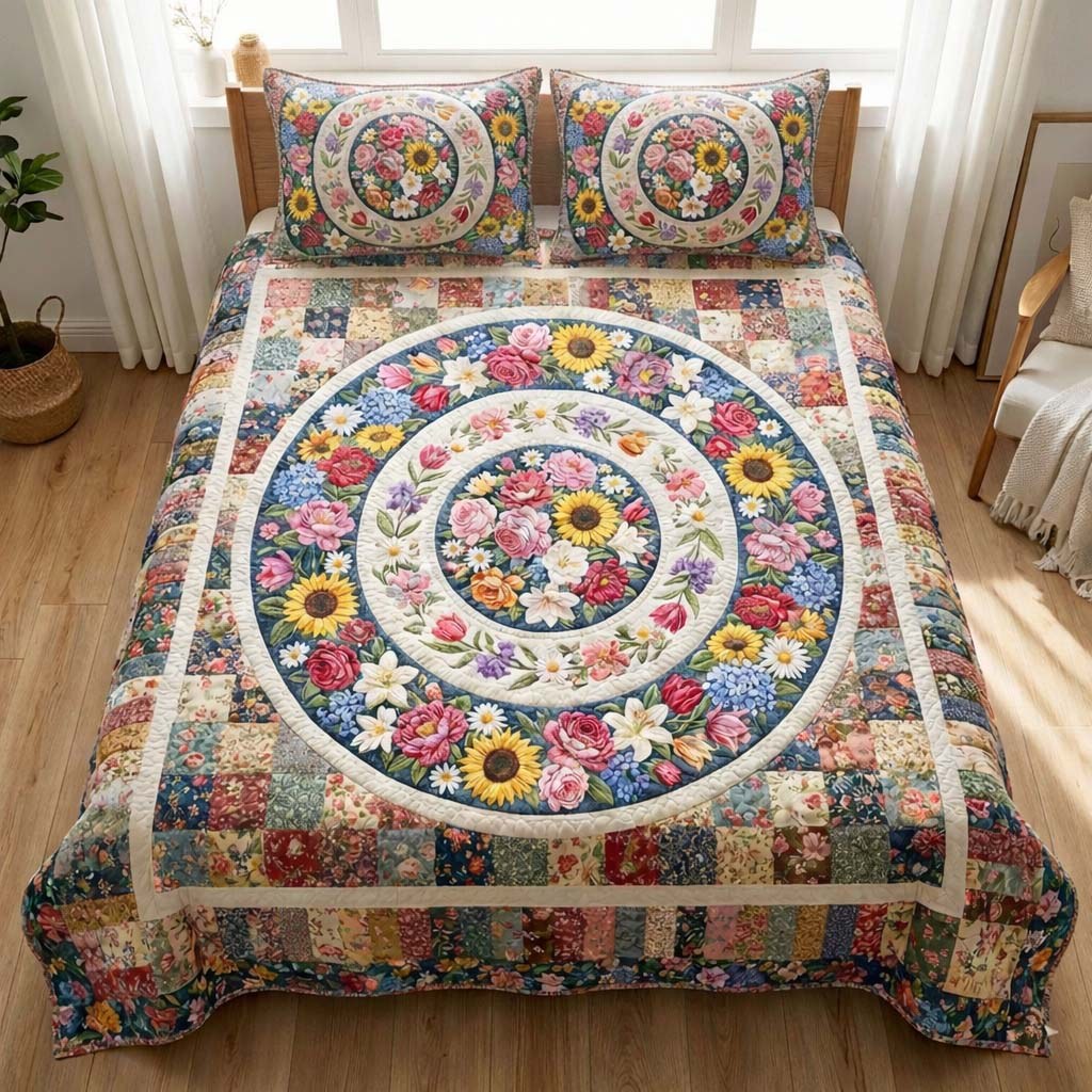 Floral Serenity quilted 3-piece bedding set on a made bed with two matching pillow shams