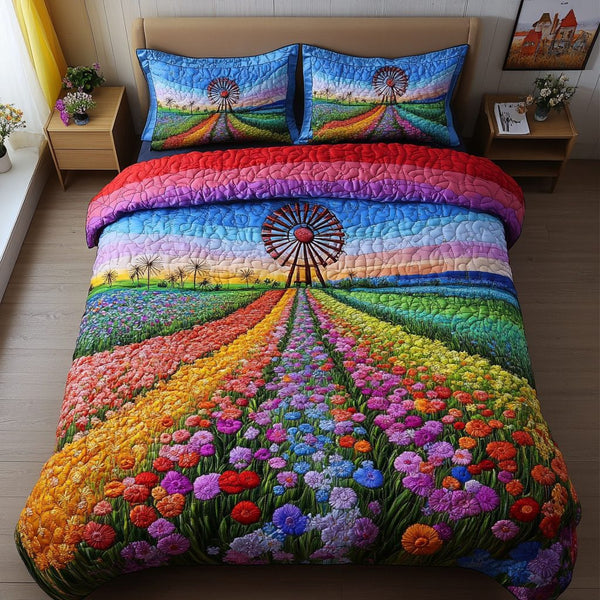 Floral Serenity quilted 3-piece bedding set on a made bed with two matching pillow shams