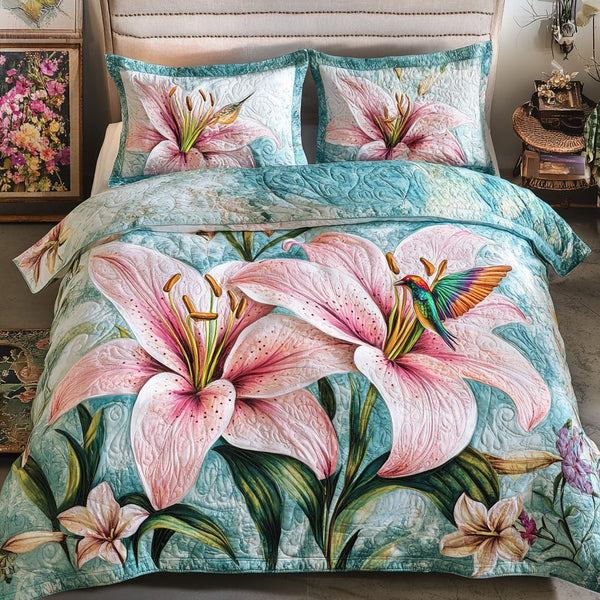 Floral Serenity quilted 3-piece bedding set on a made bed with two matching pillow shams