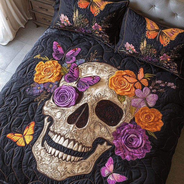Floral Shadows quilted 3-piece bedding set on a made bed with two matching pillow shams
