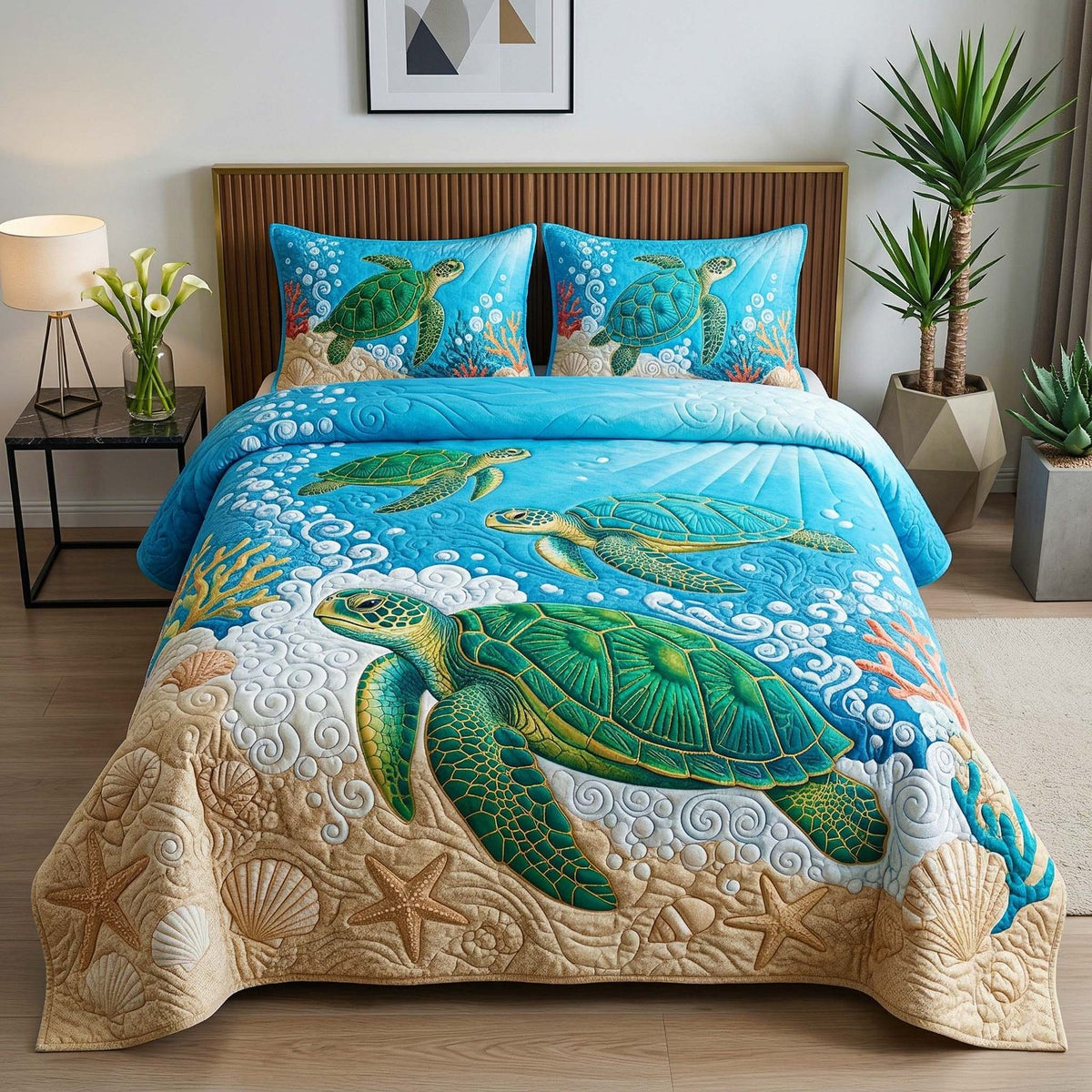 Floral Shell quilted 3-piece bedding set on a made bed in a light coastal bedroom