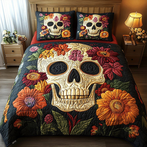 Floral Skull Charm quilted 3-piece bedding set on a made bed against a dark styled interior