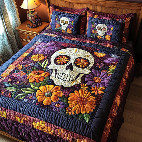Floral Skull Love quilted 3-piece bedding set on a made bed against a dark styled interior