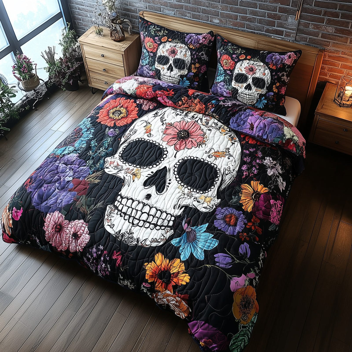 Floral Skull quilted 3-piece bedding set on a made bed against a dark styled interior