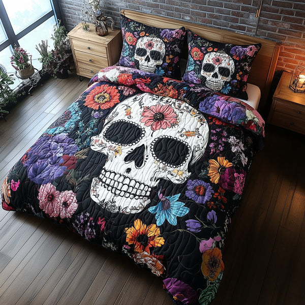 Floral Skull quilted 3-piece bedding set on a made bed against a dark styled interior