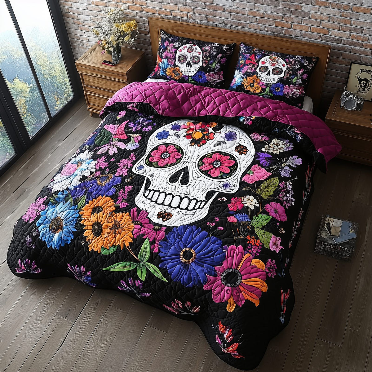 Floral Skull quilted 3-piece bedding set on a made bed against a dark styled interior